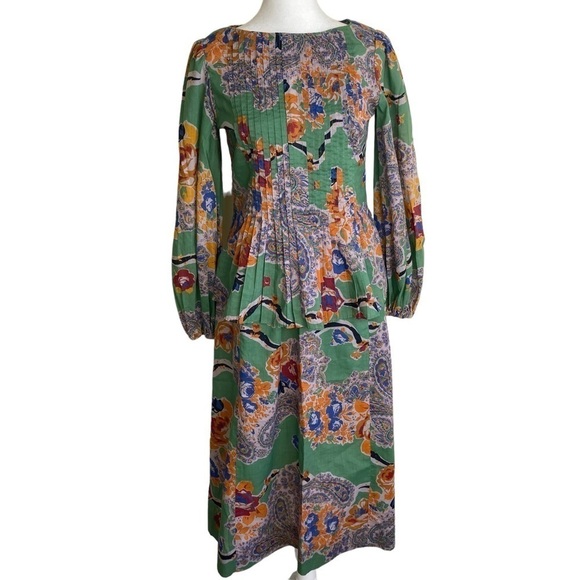 VTG ‘80s Albert Nipon Two Piece Set Blouse & Skirt Green Paisley Floral Size XS - Picture 1 of 16